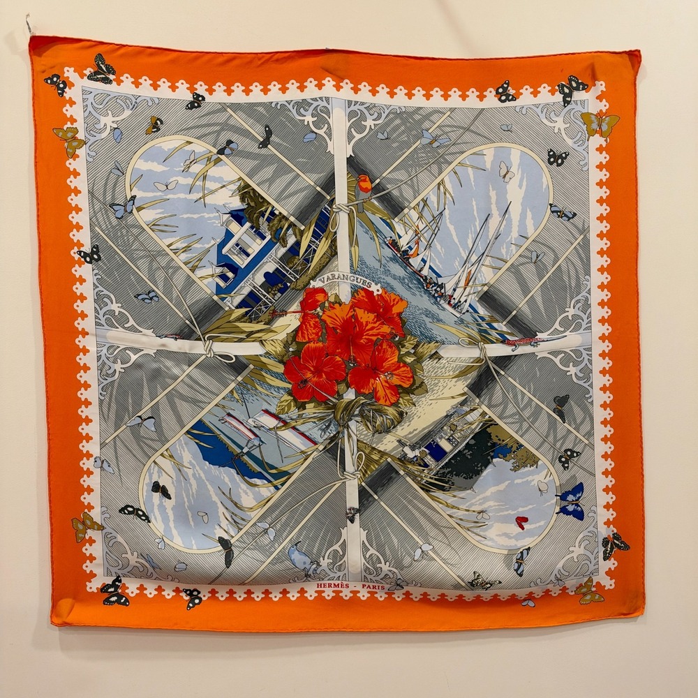 HERMES VINTAGE DIMITRI RYBALTCHENKO VARANGUES CARRE 90 SILK SCARF RARE Orange